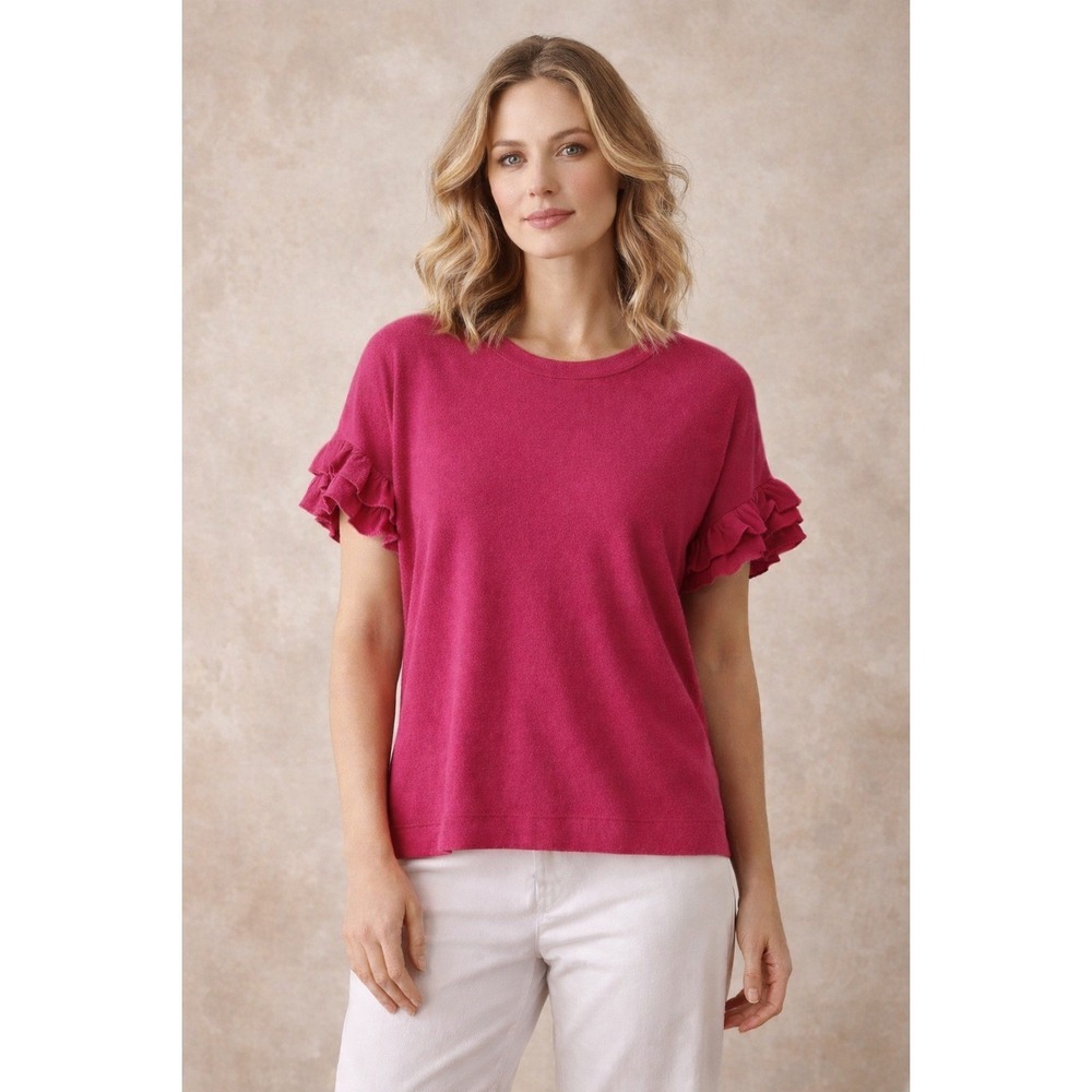 Kinross Cashmere Women's Fuchsia Pink Ruffle Short Sleeve Crew Neck Sweater- XL